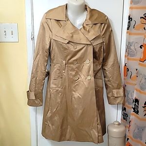 Bebe button down trench coat golden gold satin pockets new